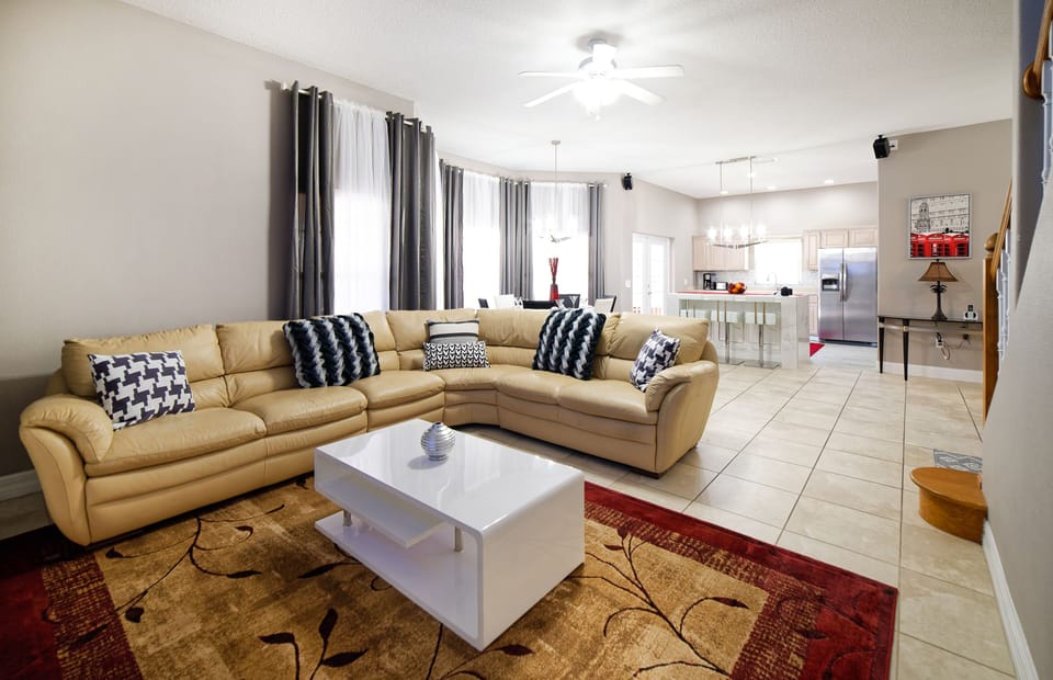 A living room setup with practicality and comfort in mind