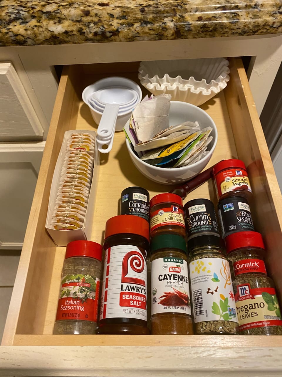 Salt/Pepper/Spices
Sugar/Coffee/Brita water pitcher
Sauté pans, baking dishes 