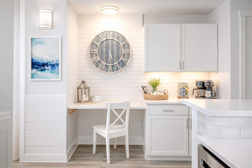 The little kitchen nook is the “quiet five minutes” zone—perfect for planning the day, answering a couple emails, or hiding with a snack before anyone notices you’re gone.
