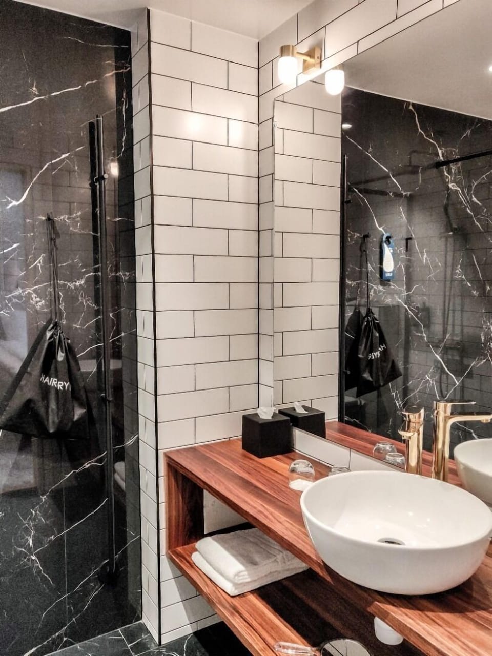 Shower, rainfall showerhead, hair dryer, heated floors