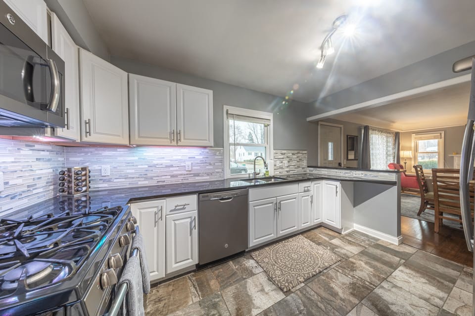 Kitchen opens up into living room