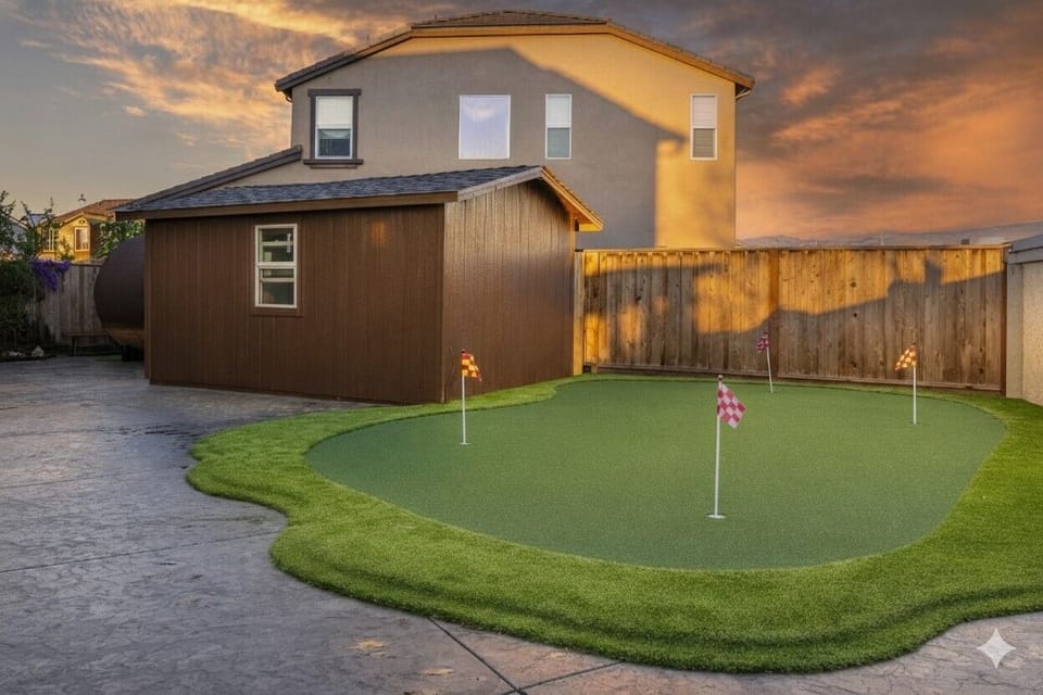 Your private backyard green—perfect for a morning practice or family fun