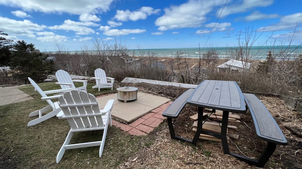 Breeo Smokeless Firepit, Picnic Table, Charcoal Grill Overlooking Lake Michigan
