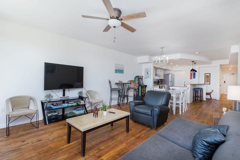 full view of the living room and dining.