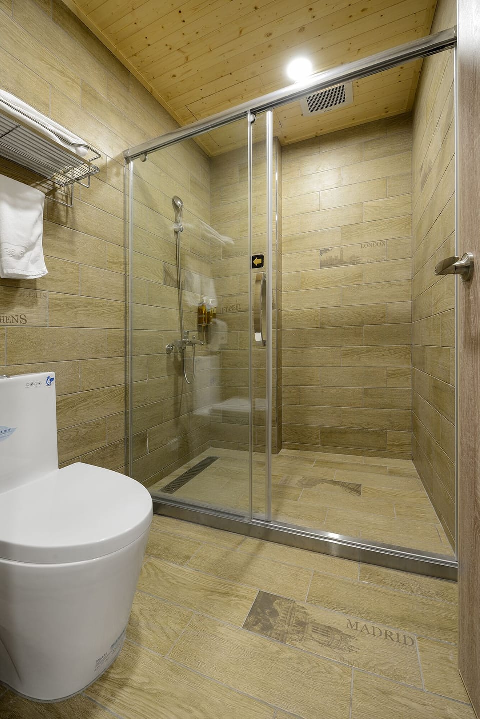 Shower, rainfall showerhead, hair dryer, slippers