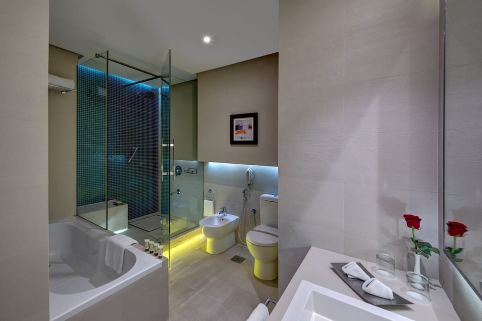 Combined shower/tub, free toiletries, hair dryer, bathrobes