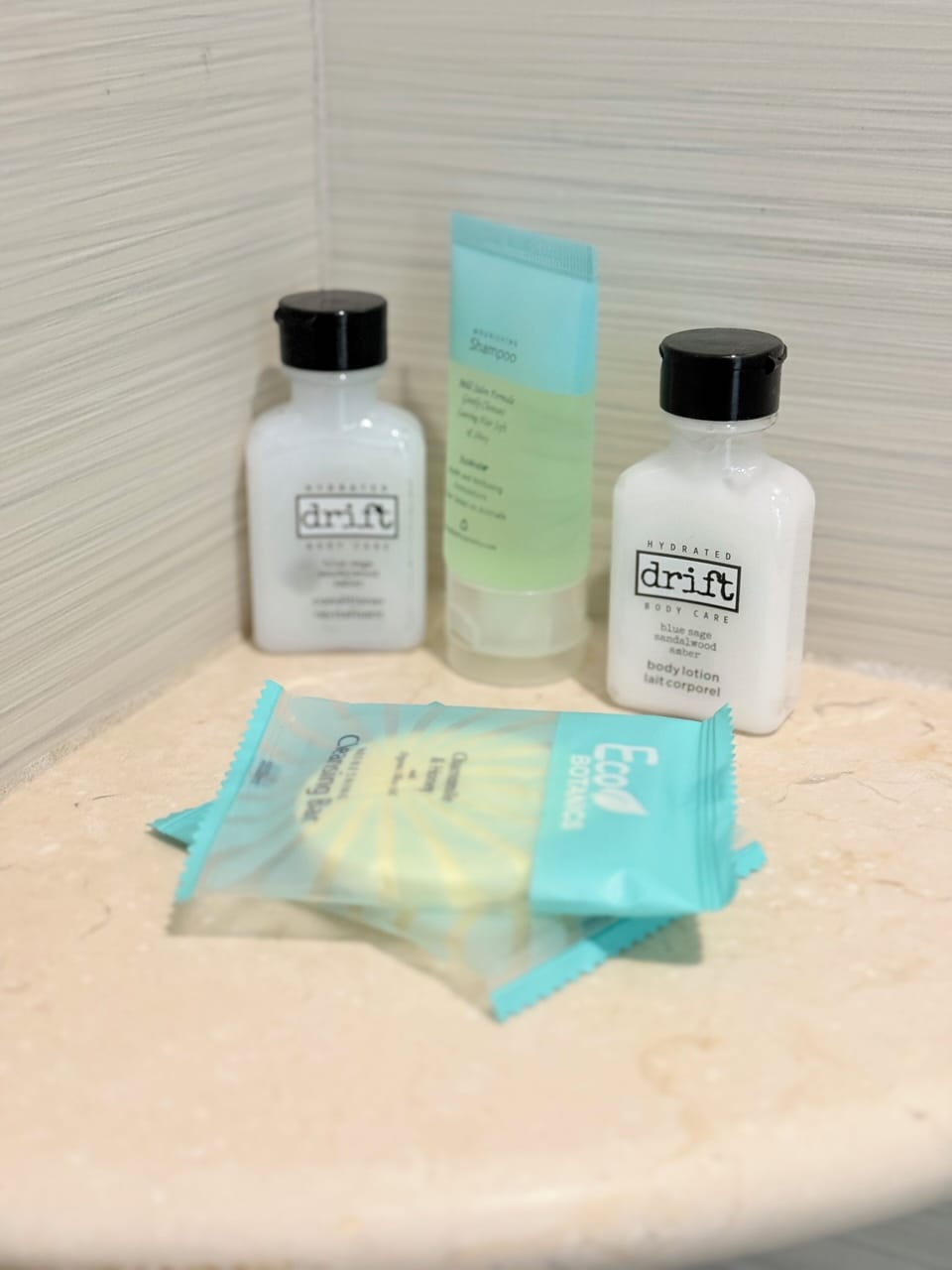 Shower, towels, soap, shampoo