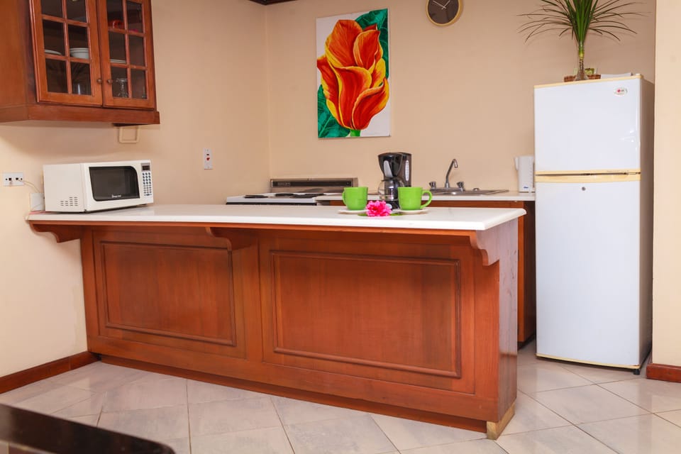Coffee/tea maker, fridge, microwave, stovetop