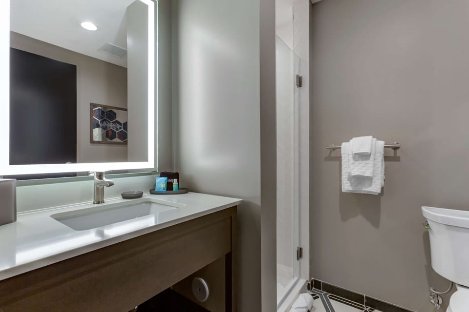 Shower, rainfall showerhead, free toiletries, towels