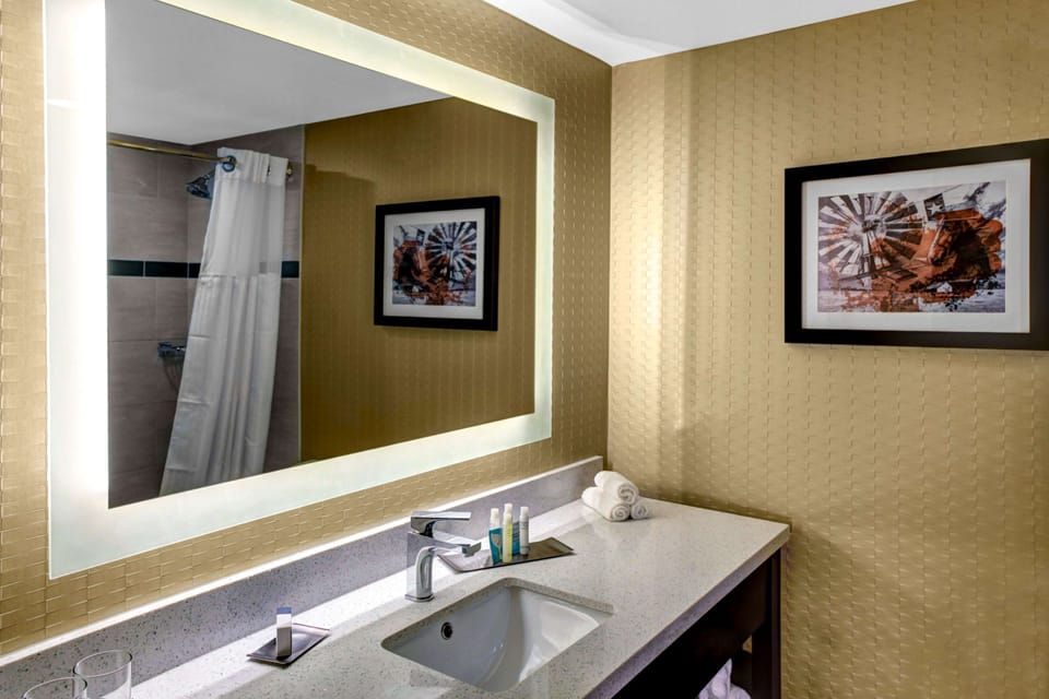 Eco-friendly toiletries, hair dryer, towels