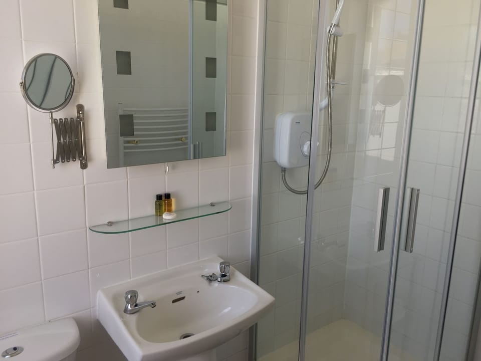 Combined shower/tub, free toiletries, hair dryer, towels