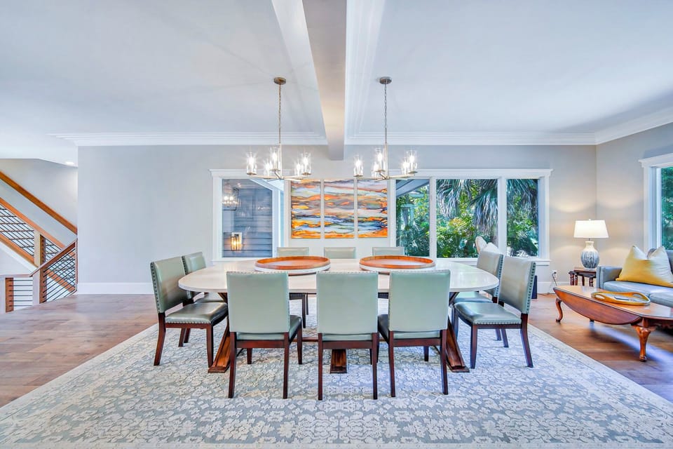 Dining table featuring 10 seats.