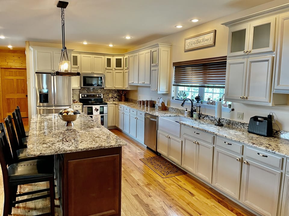Granite countertops. Large kitchen island