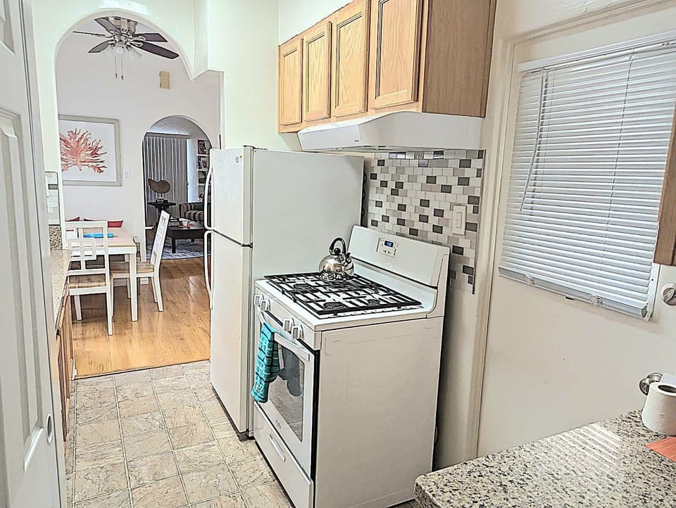 Full refrigerator and full gas stove and cooktop.  We provide tons of spices, oils, sprays and other cooking items for you to enjoy.