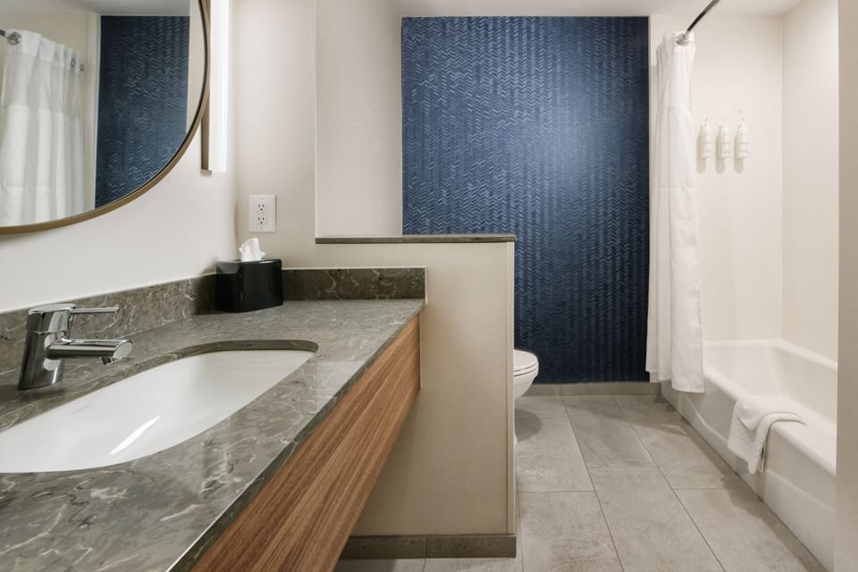 Combined shower/tub, free toiletries, hair dryer, towels