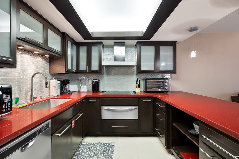 Stylish kitchen with bold countertops and plenty of prep space