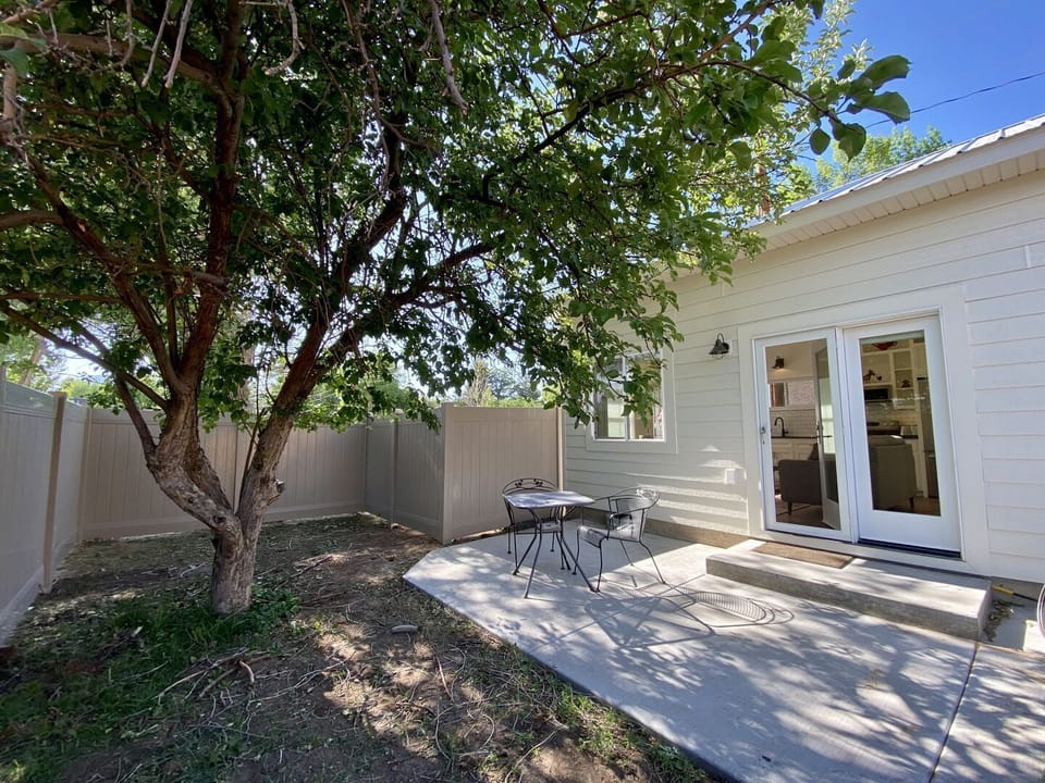 Private outdoor patio with gas grill and outdoor seating, fully fenced yard. Mature trees add shade on warmer summer days