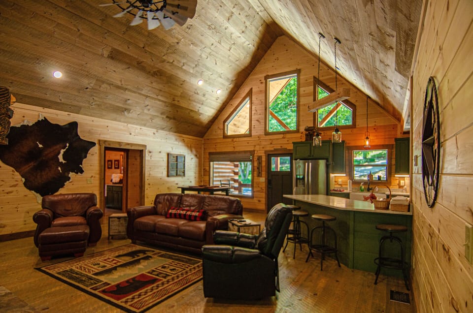 The warm all wood interior provides the perfect place to watch a movie or relax.