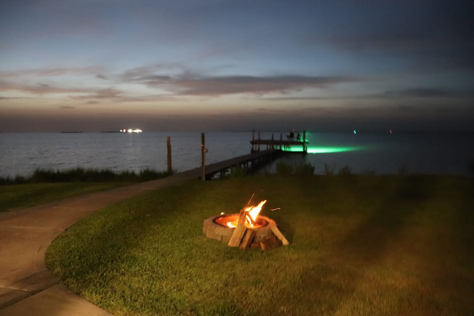 Lighted pier and fire pit