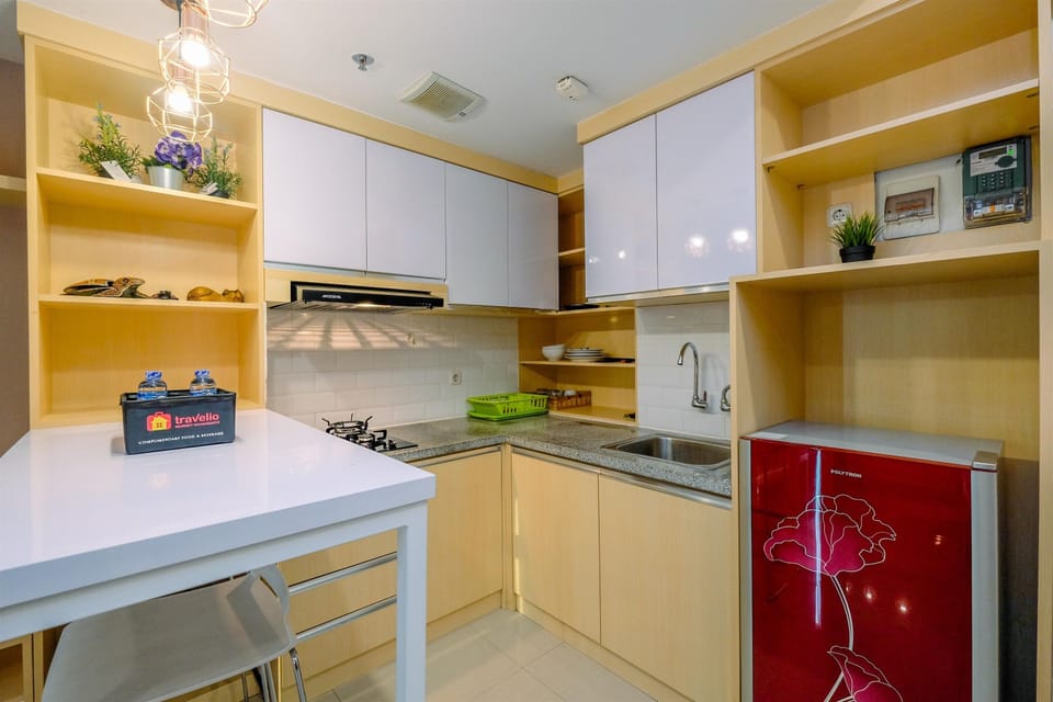 Fridge, stovetop, cookware/dishes/utensils