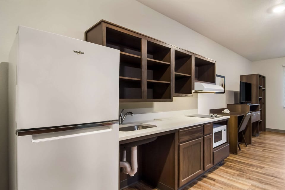 Full-size fridge, microwave, stovetop