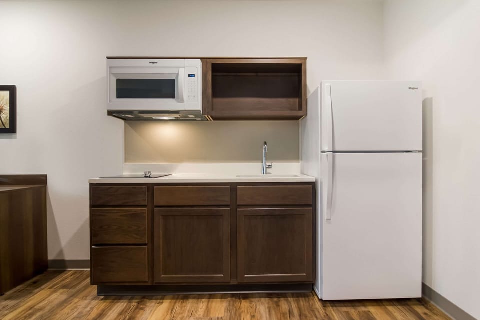 Full-size fridge, microwave, stovetop