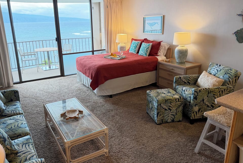 Studio with queen bed and new queen sleeper sofa with memory foam mattress.