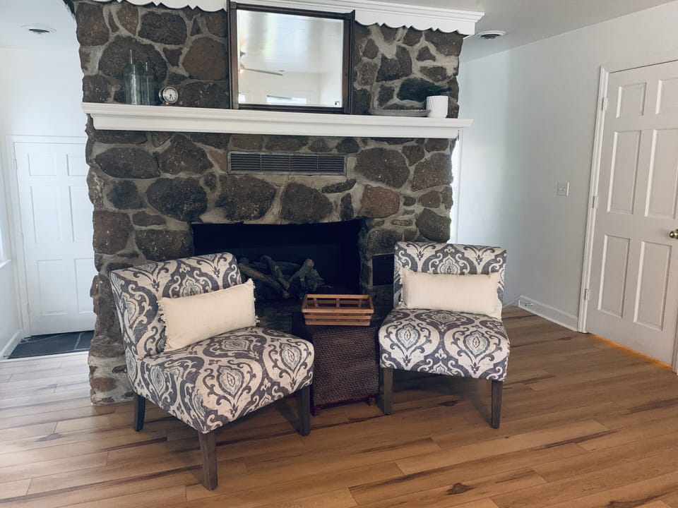 Fireplace adds a cozy place during the cooler nights.