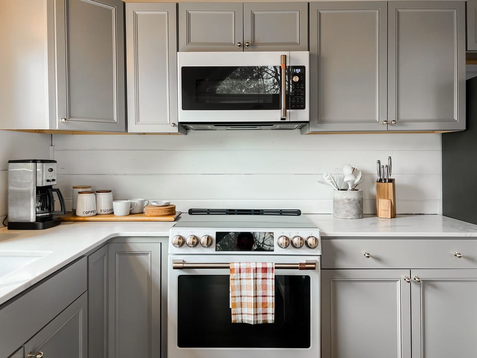 New kitchen with beautiful GE Café appliances.