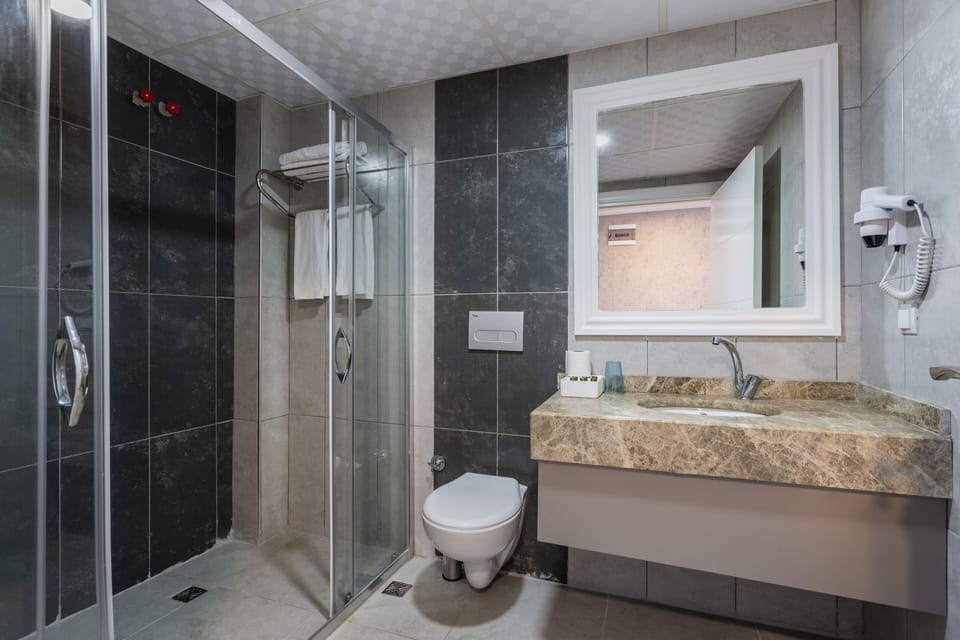 Shower, rainfall showerhead, bathrobes, slippers