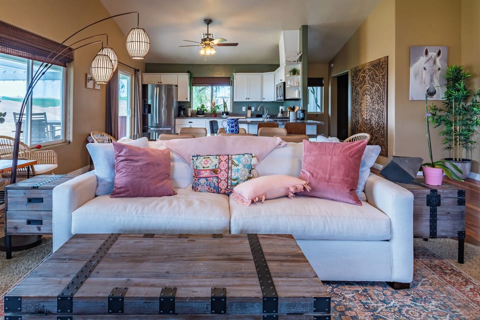 Gather on the sectional with the kitchen steps away