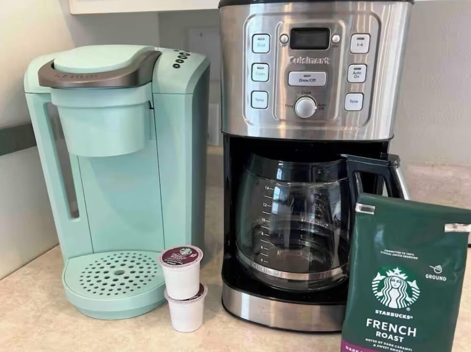 Keurig, coffee maker, coffee, and coffee pods are available. 