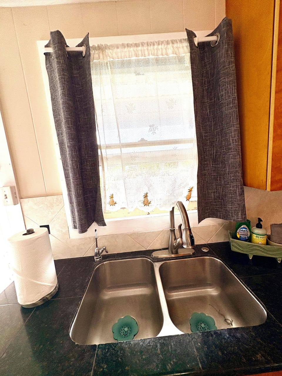 Kitchen double sink with garbage disposal
