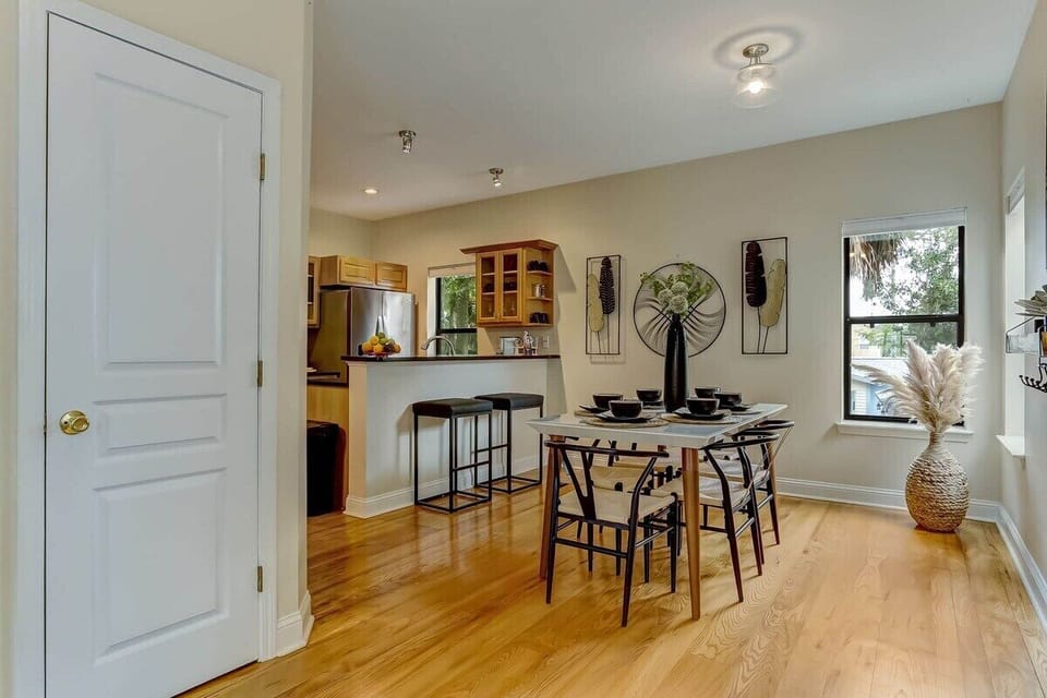 Dining room and kitchen space.