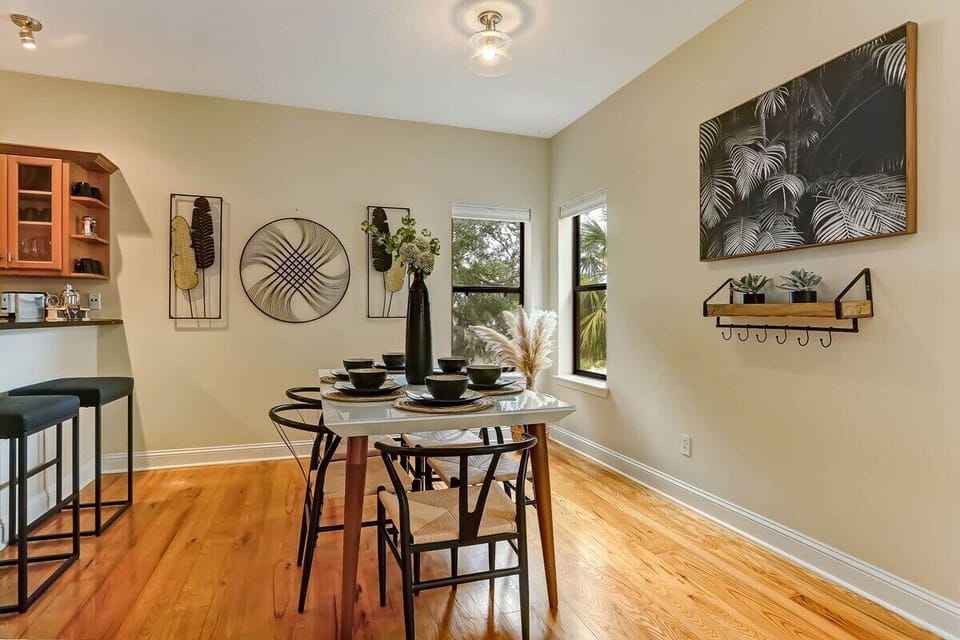 Dining room table fits 6 people.