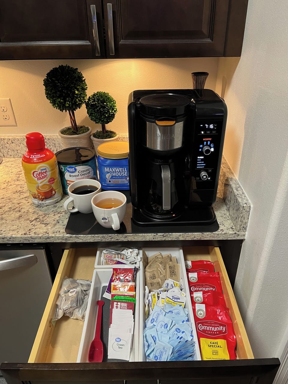 Enjoy the full coffee and tea bar with a variety of caffeinated/decaf options.  