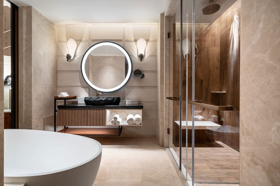 Rainfall showerhead, slippers, towels
