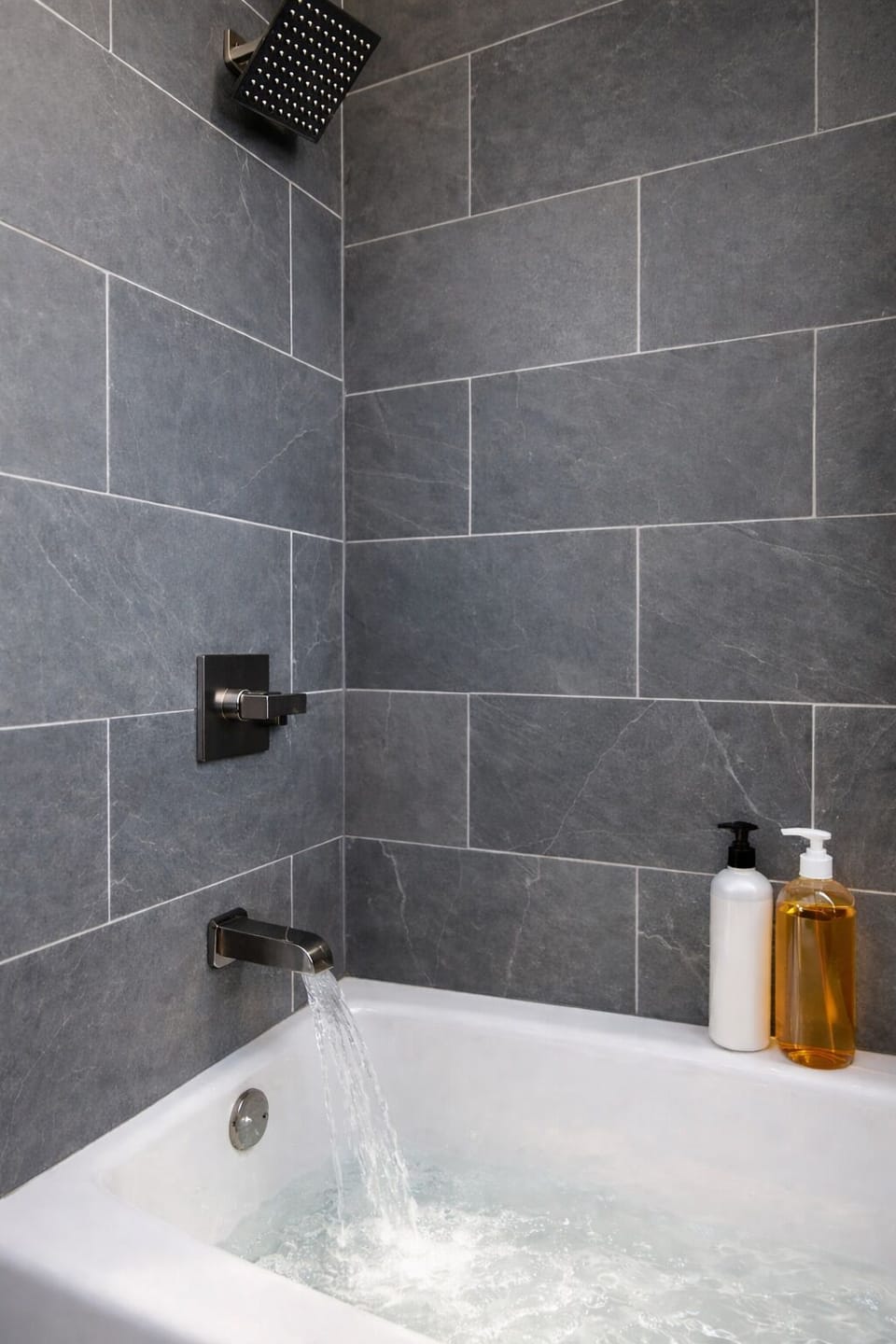 Modern walk-in shower with clean tile design and great water pressure