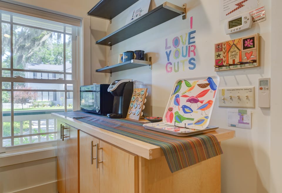 The studio features a Keurig coffee maker and a microwave for your convenience,