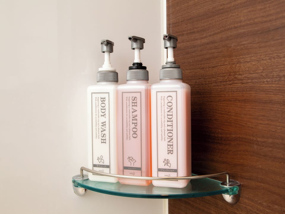 Combined shower/tub, free toiletries, hair dryer, slippers