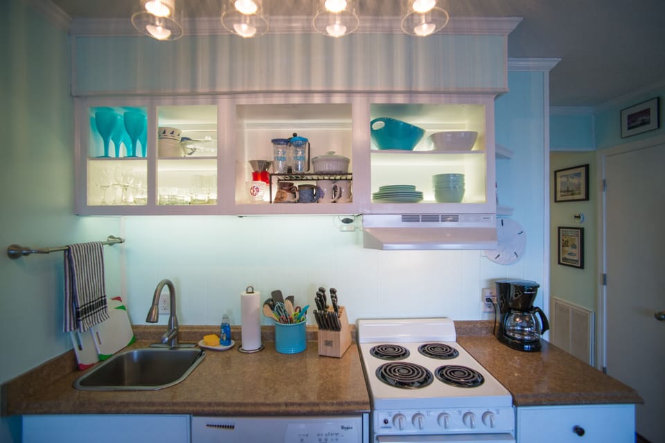 Lighted kitchen cabinets.