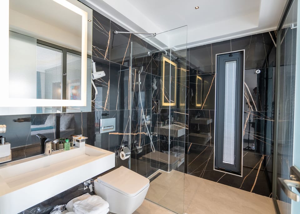 Deluxe Room, Sea View | Bathroom | Shower, rainfall showerhead, designer toiletries, hair dryer