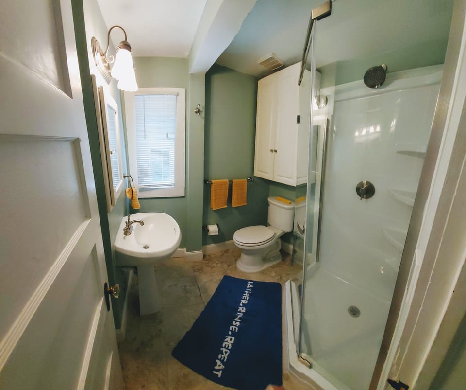 Modern bathroom w/ glass panel shower