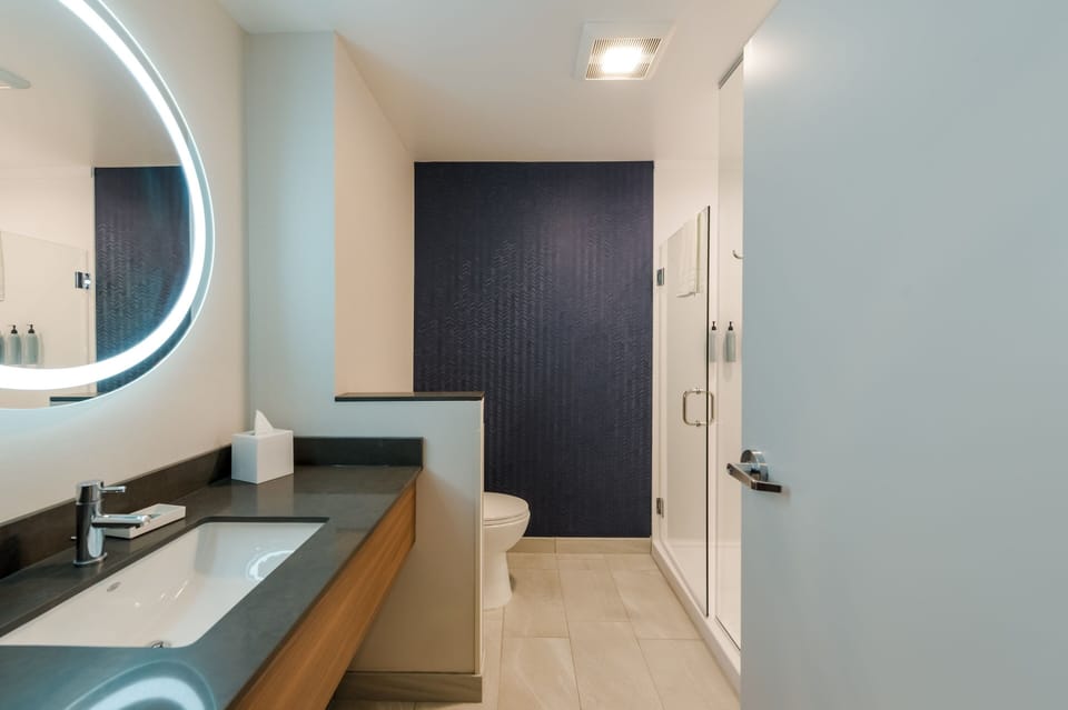 Hair dryer, towels, soap, shampoo