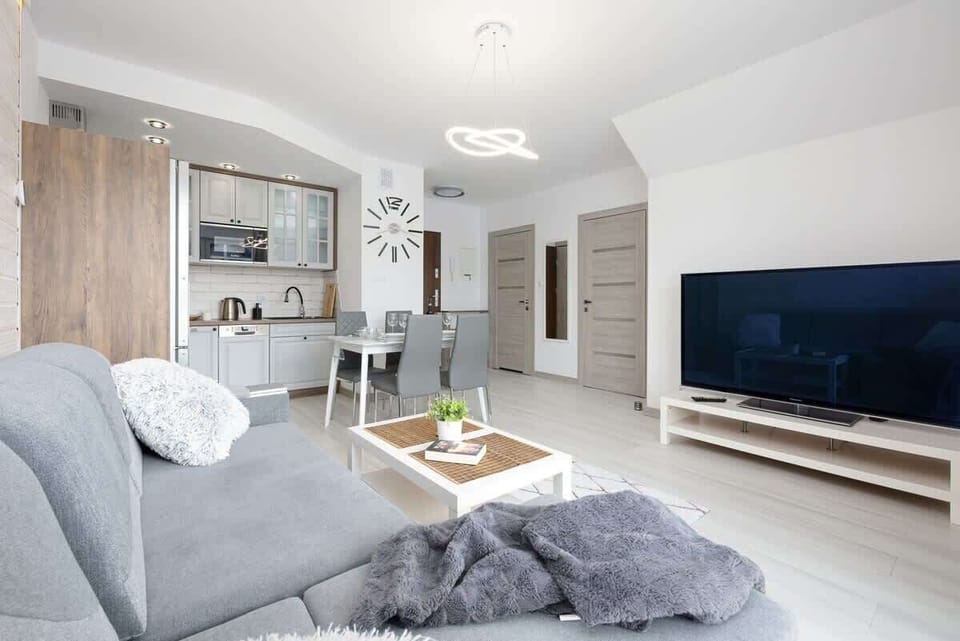 Another angle of the living room with the same light gray sofa, a flat-screen TV, and a Scandinavian-inspired coffee table.