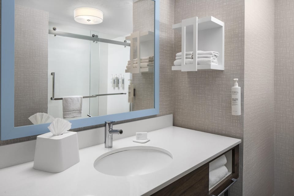 Eco-friendly toiletries, hair dryer, towels, soap