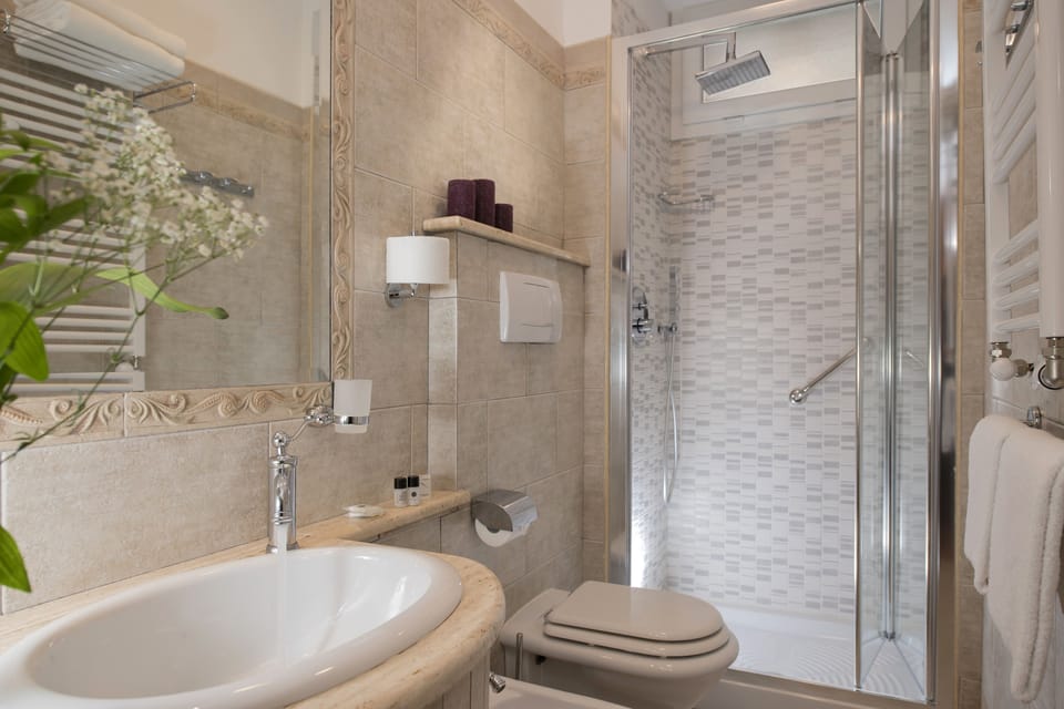 Shower, hydromassage showerhead, free toiletries, hair dryer