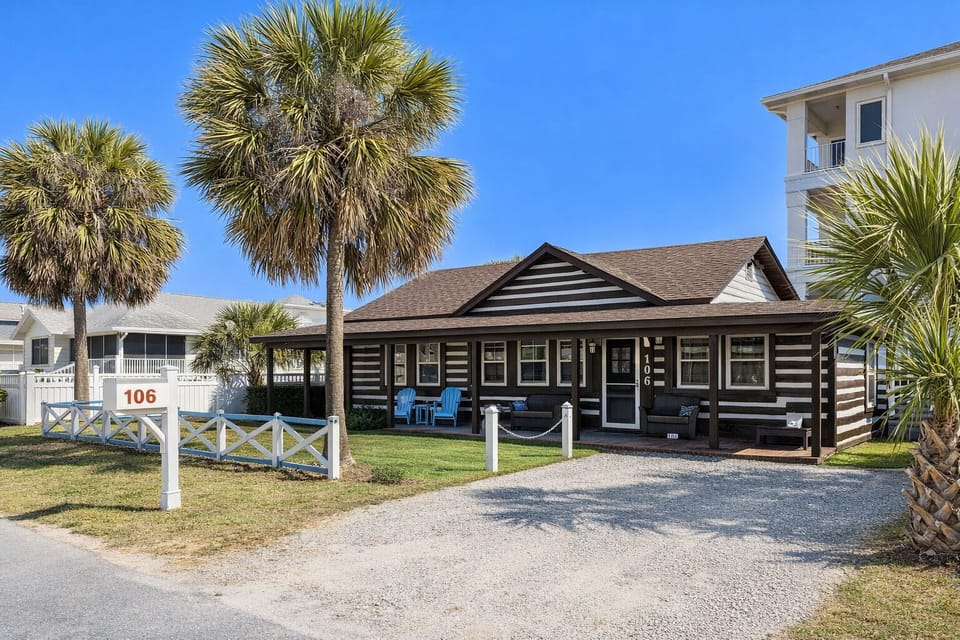 Front view of PCB's Historic Log Cabin- 2 houses from the Beach!