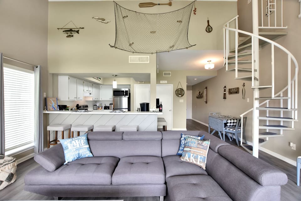 Open concept with high ceilings.  