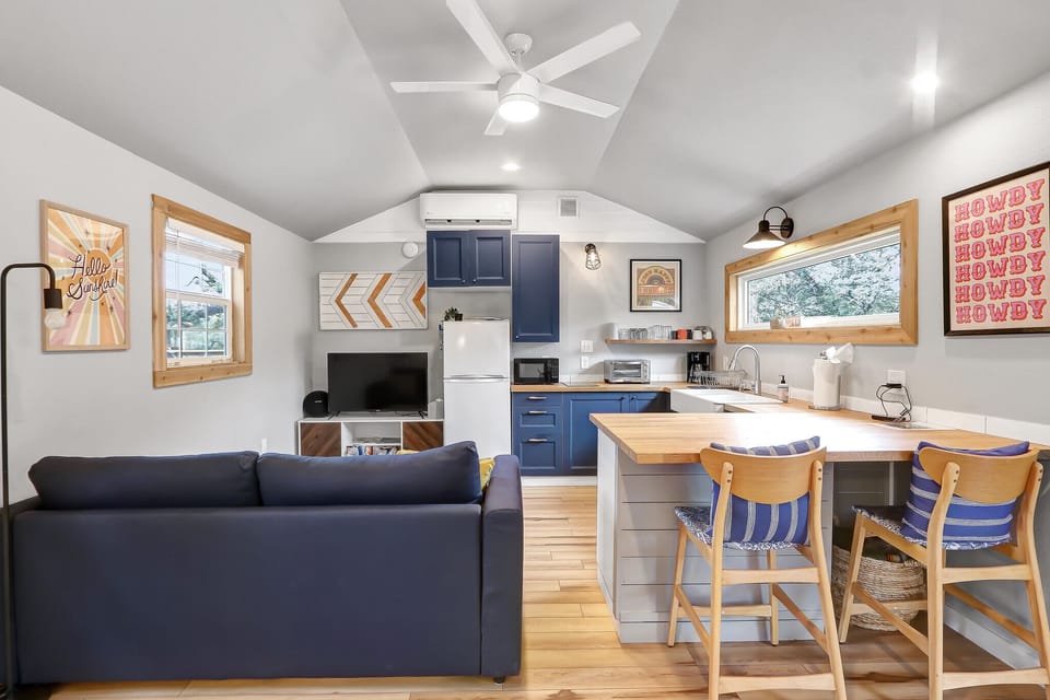 Open concept tiny house with modern decor